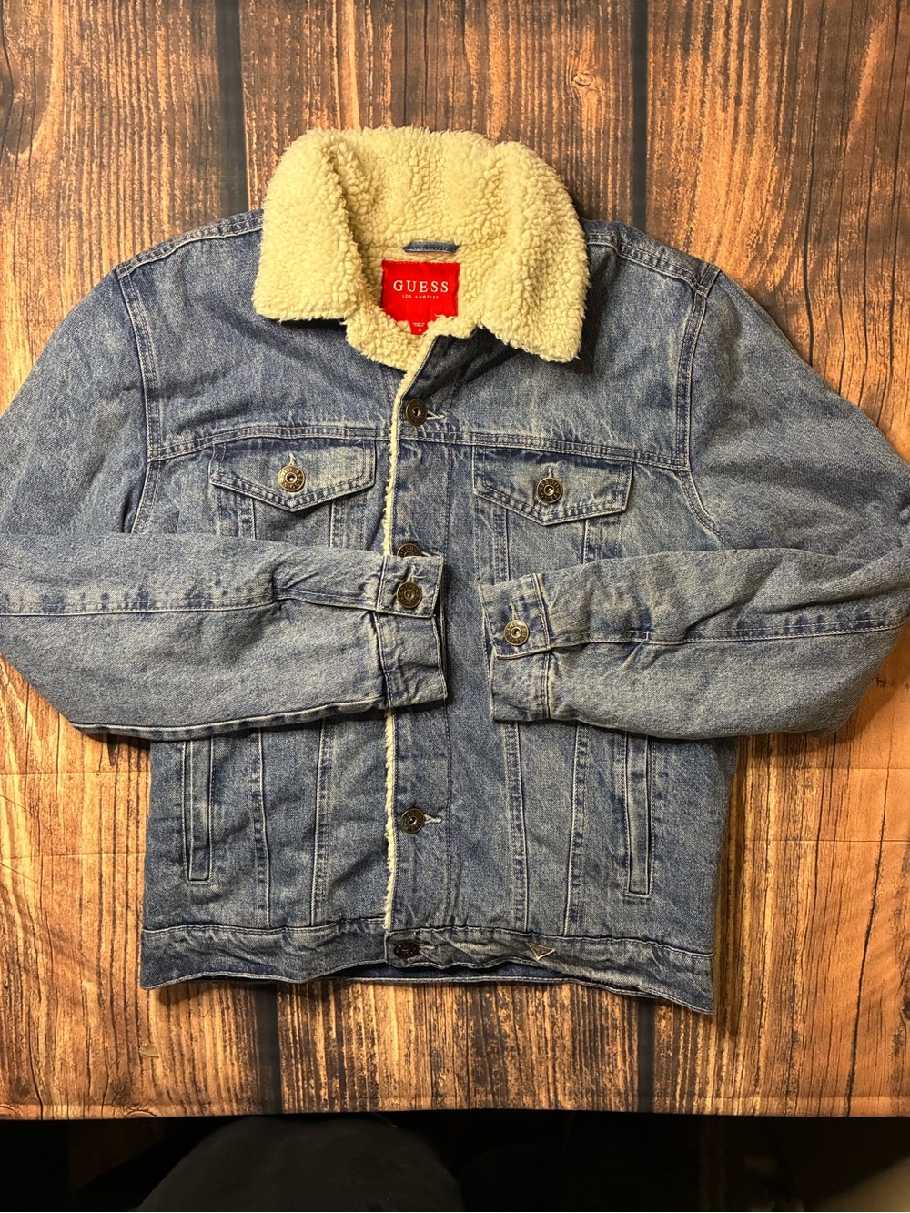 GUESS Light Blue Denim Jacket with Cream Sherpa Collar